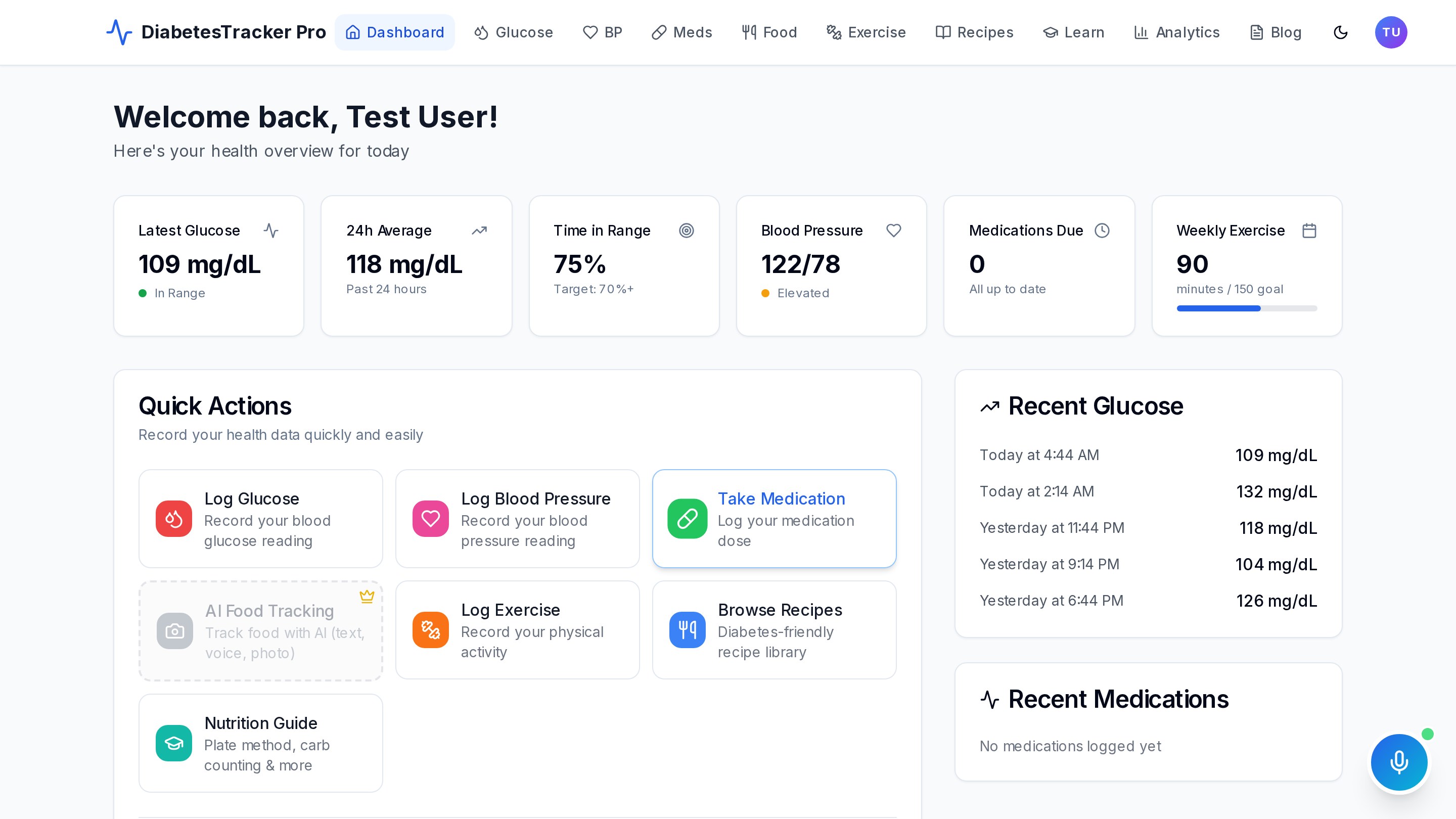 Screenshot of the DiabetesTracker Pro dashboard showing latest glucose, 24-hour average, time in range, blood pressure, and weekly exercise